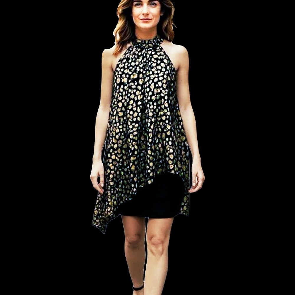 Wrapper Halter Dress Gold Metallic Animal Print Party Cocktail Flowy Overlay